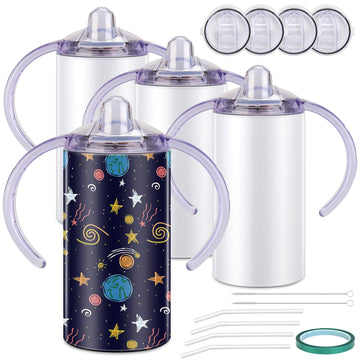 Rommeka Sublimation Sippy Cup Blank, 4 Pack 12Oz Kids Sublimation Tumblers With Straws, Insulated Straight Tumbler With Handle A