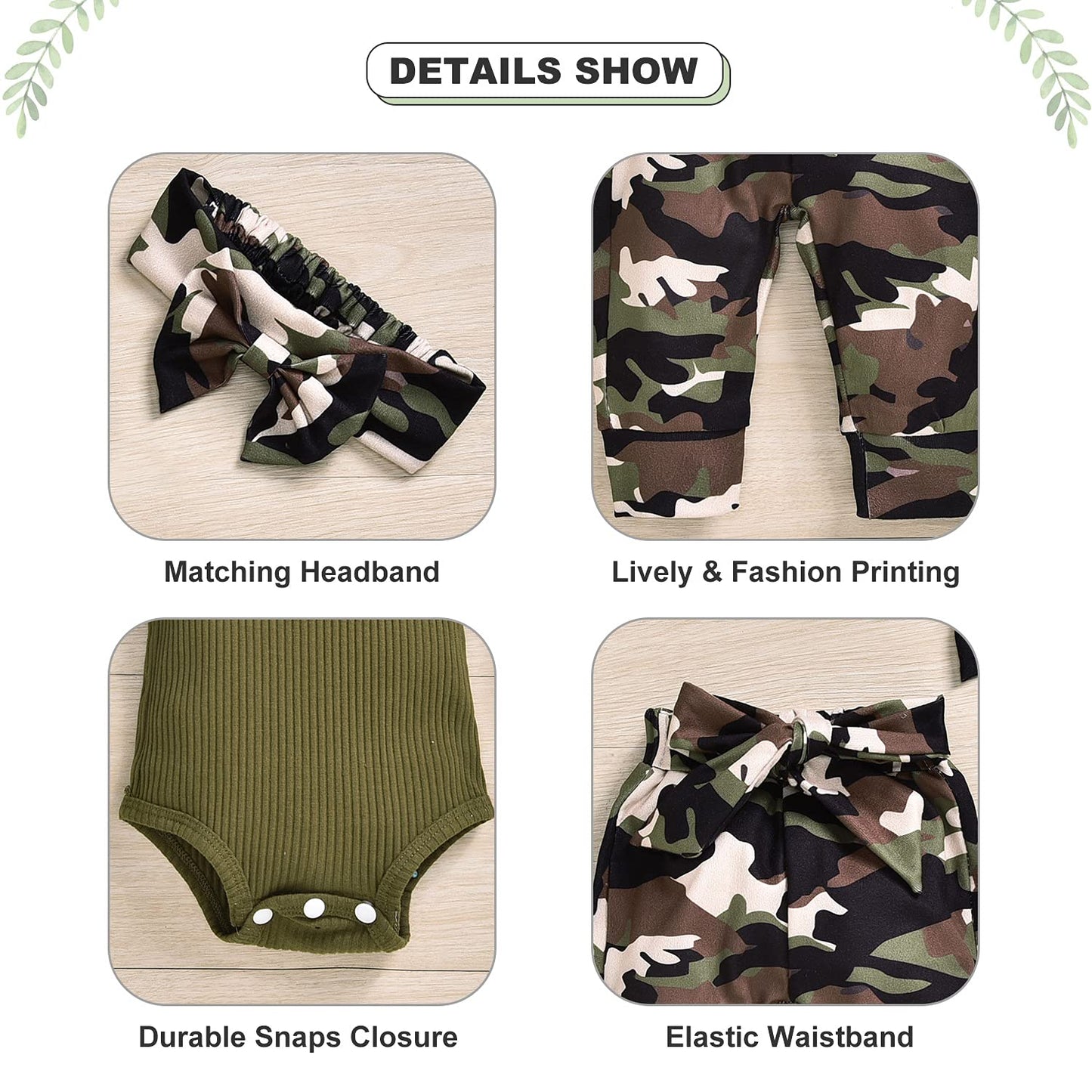 Aalizzwell Newborn Infant Baby Girls Clothes Ribbed Romper Bodysuit Army Green Pants Set Fall Winter Outfits Camouflage Camo 3-6