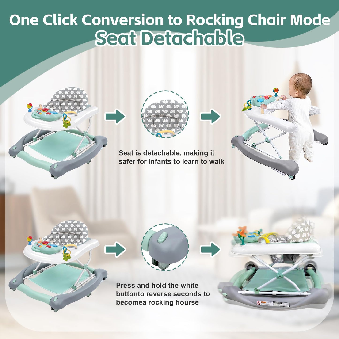 Foldable Baby 5-In-1 Activity Walker - Rocker, Activity Center, Bouncer, Seat Walker, Push Walker - Adjustable Speed Rear Wheels