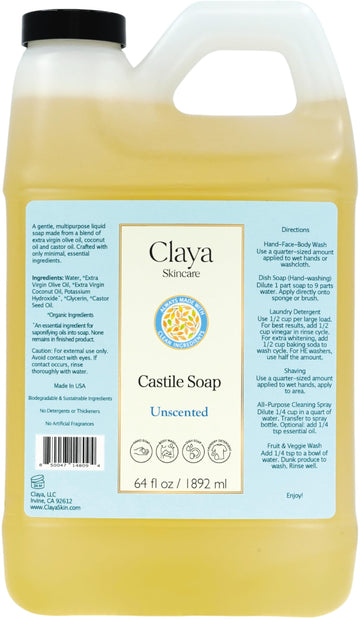 Claya Liquid Castile Soap Organic Ingredients, Biodegradable, Gentle for Sensitive Skin, Versatile Use, Unscented (64 fl oz)
