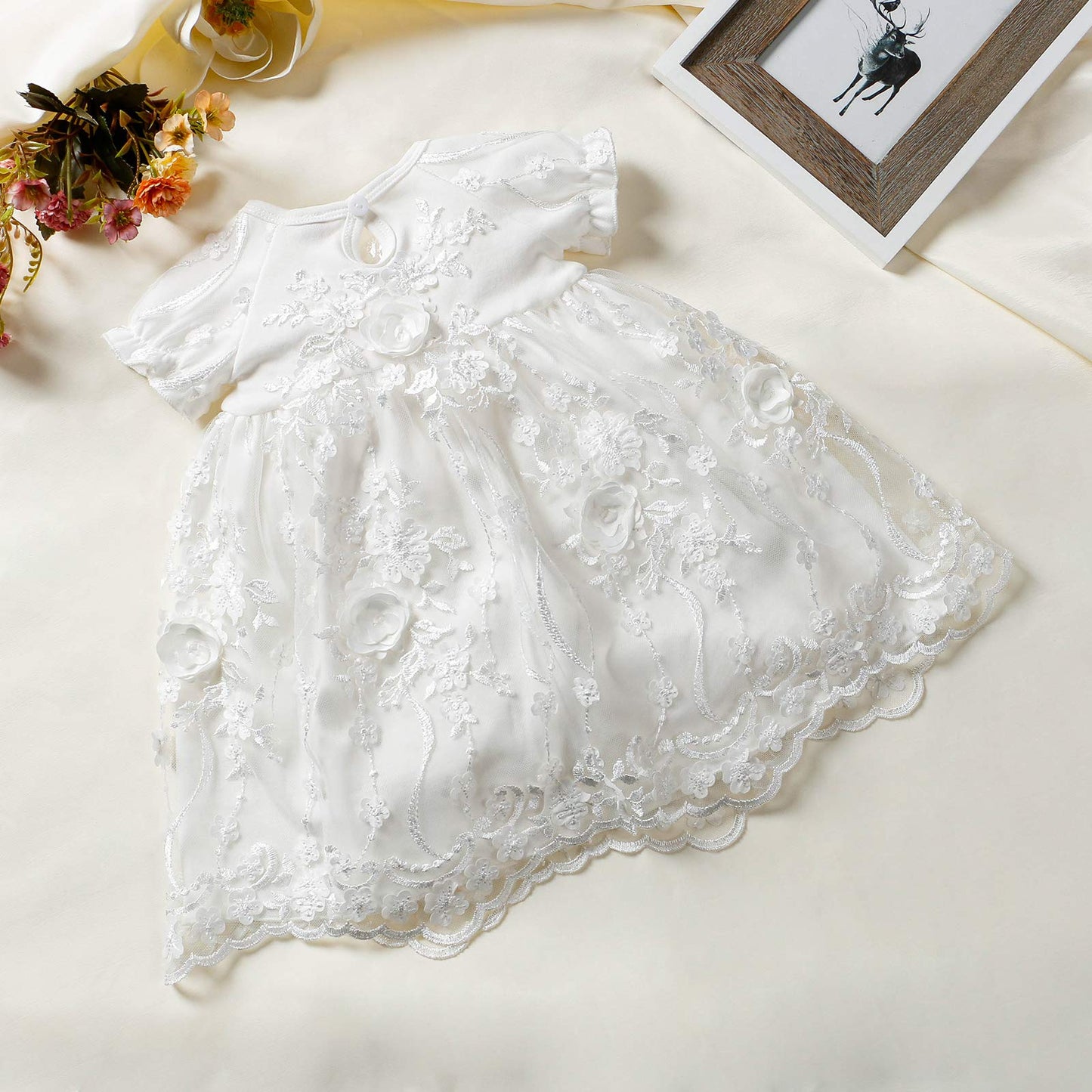 Baby Girls Lace Dress Christening Baptism Gowns Outfit With Bonnet For Party Wedding Off-White