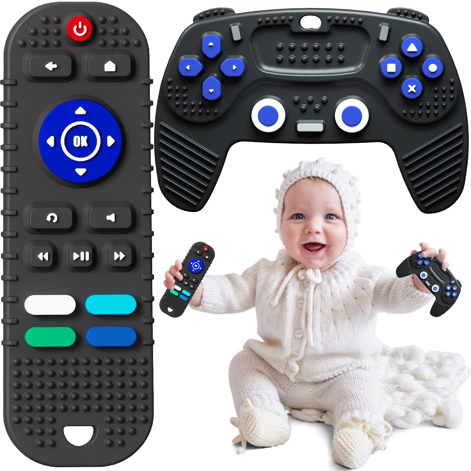 HOPEEYE 2 Pack Remote Control and Game Controller Teething Toys for Baby 3 Months and Up, Chew Toys for Boys and Girls Gifts (Bl
