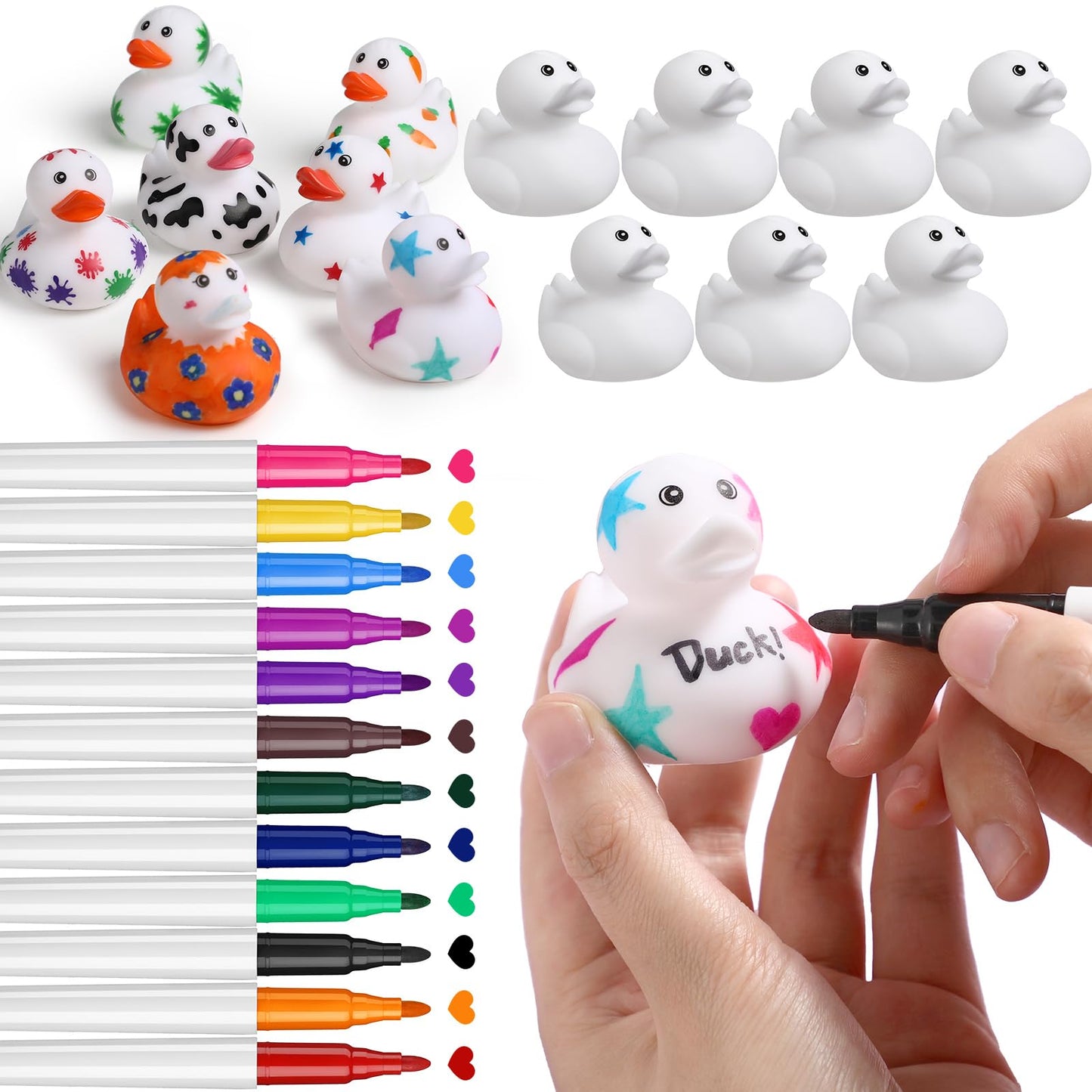 Jerify 12 Pcs 2 Inch White Blank Rubber Ducks Creative Rubber Ducks with Pens of 12 Colors for Pool Bathtub Float Cute Easter DI