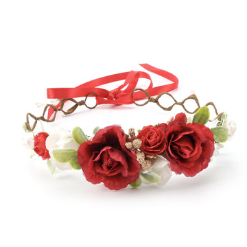 PoshMyra Flower Girl Flower Crown Pink Baby Girls Floral Headpieces Kids Headband Children Hair Wreath Photo Prop (Dark Red-Chil