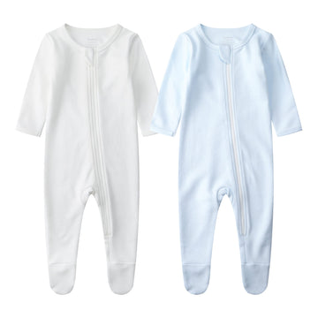 Owlivia Organic Cotton Baby Pajamas, Boys Girls 2 Pack Zip Front Sleep N Play, Footed Sleeper, Long Sleeve(6-12 Months, Whiteblu