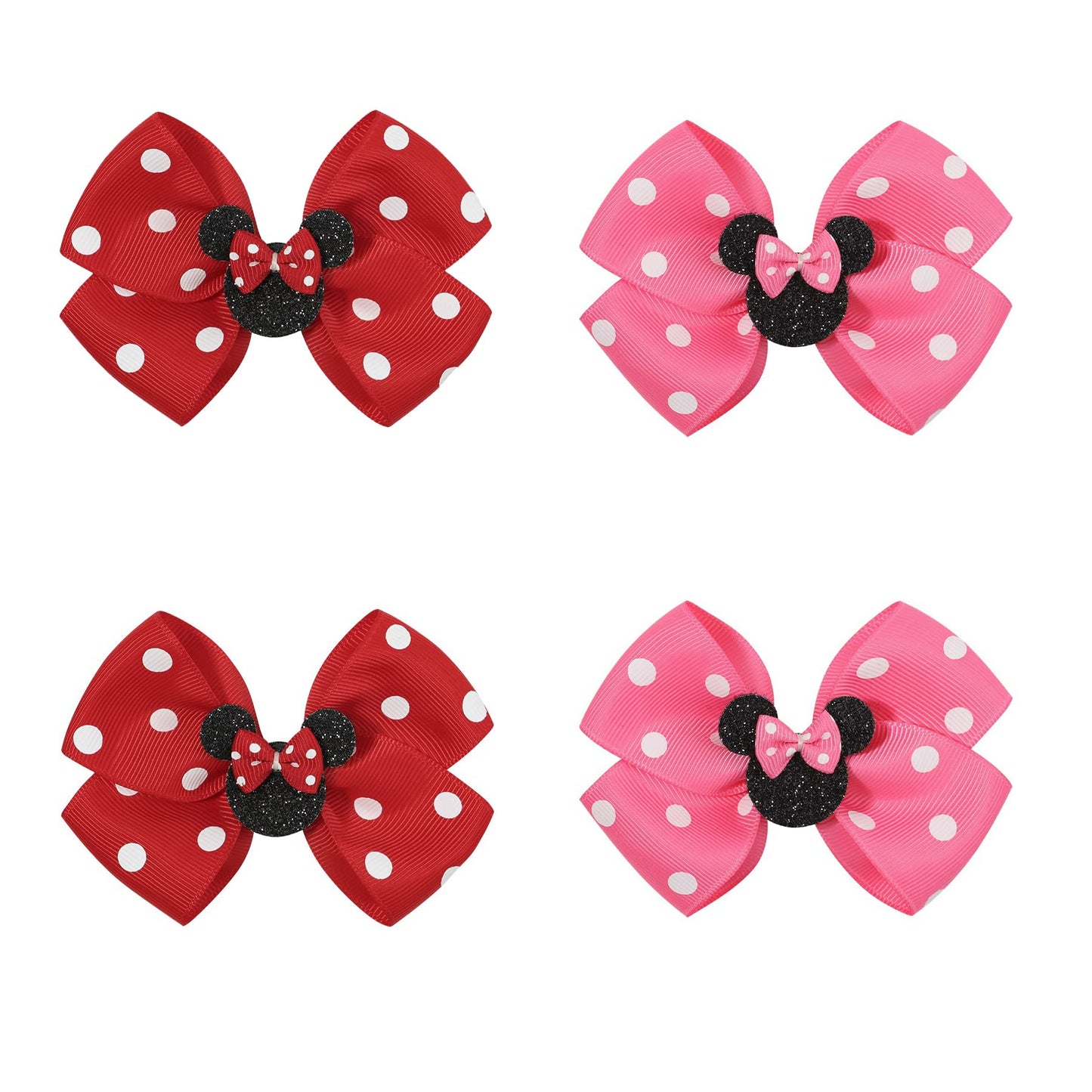 Ayesha Mouse Ears Hair Clips, 4Pcs Grosgrain Ribbon Mouse Bow Hair Clips, Polka Dot Bows For Girls, Hair Accessories For Baby Gi