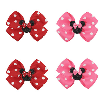 Ayesha Mouse Ears Hair Clips, 4Pcs Grosgrain Ribbon Mouse Bow Hair Clips, Polka Dot Bows For Girls, Hair Accessories For Baby Gi