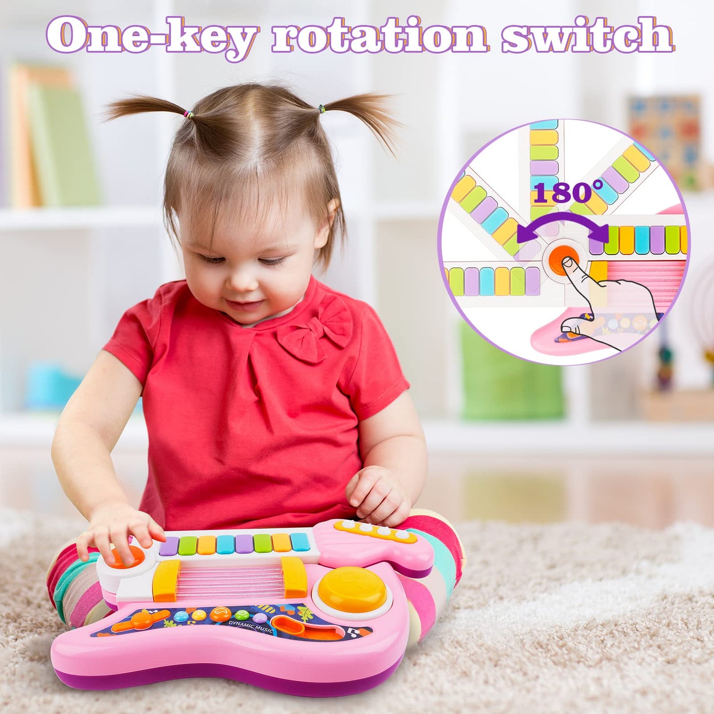 Kids Guitar, Perkidern Kids Electric Guitar Toy Toddler Guitar with Piano Mode Baby Guitar Children Guitar with Strap and Lights
