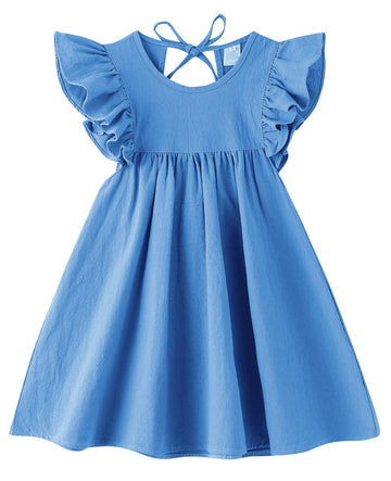 Lyxiof Toddler Baby Girl Cotton Linen Dress Ruffle Sleeve Halter Sleeveless Kids Casual Dresses Royal Blue 130Cm