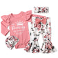 Adifun Newborn Girl Clothes Pink Ruffle Long-Sleeved Baby Bell Bottoms Jumpsuit Floral Flared Pants Head With Cover 4Pcs Sets Of