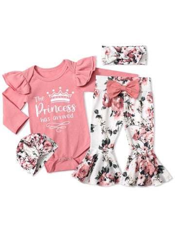 Adifun Newborn Girl Clothes Pink Ruffle Long-Sleeved Baby Bell Bottoms Jumpsuit Floral Flared Pants Head With Cover 4Pcs Sets Of