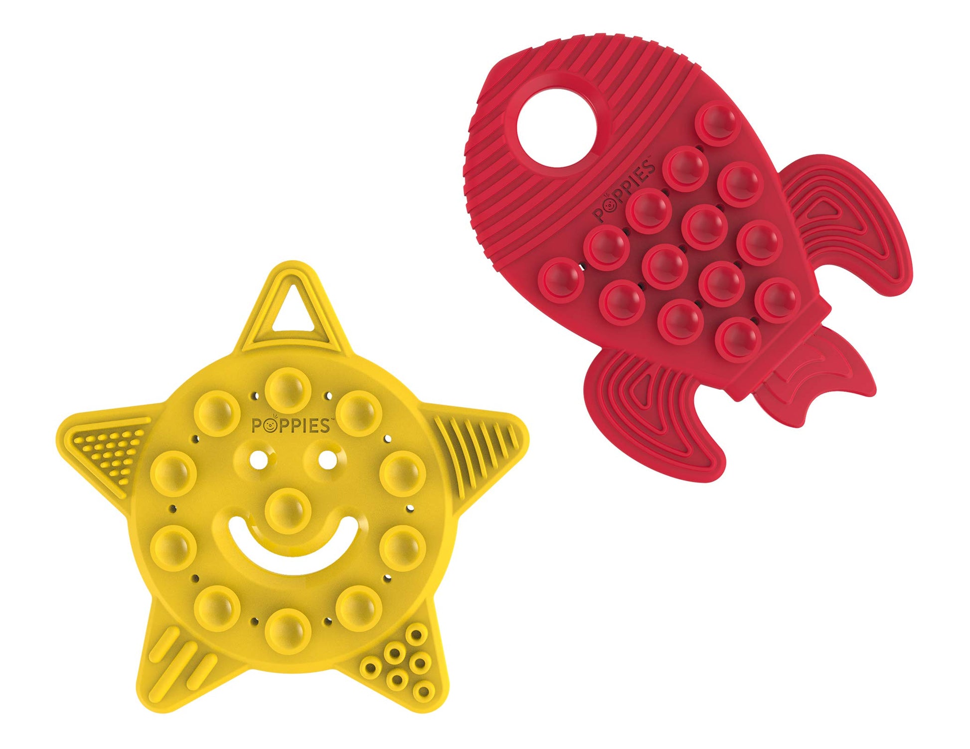 POPPIES Smiley The Star (Yellow) and RED The Rocket (Red) Bundle - Silicone Sensory Toy - BPA-Free - Infant Teether, Sensory, Ba