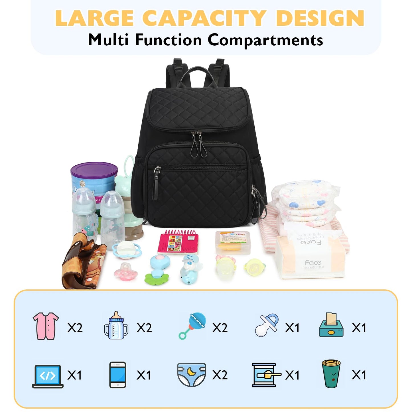 LORADI Large Capacity Diaper Bag Backpack with Stroller Buckle, Water-Resistant Travel Baby Bag with Insulated Pockets (Nylon, B