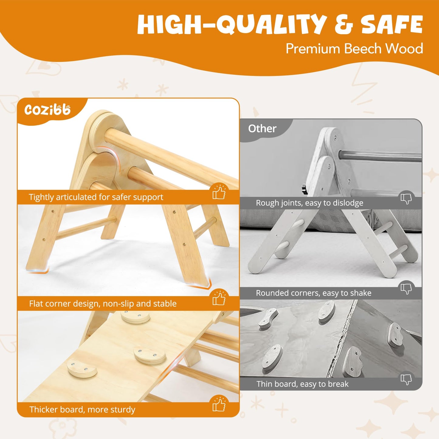 Cozibb Pikler Triangle Set, 5 In 1 Large Wooden Montessori Climbing Toys (Natural, Medium: 2-5 Years)