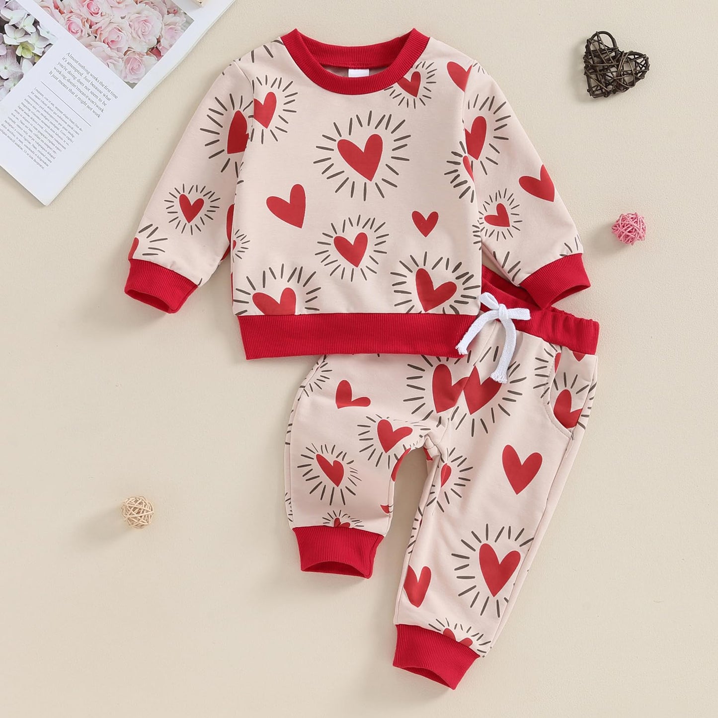 Baby Girl Valentines Day Outfit Cute Toddler Sweatshirt Pants Set Newborn T Shirt Top Suit Infant Clothes (R Heart Print Khaki,