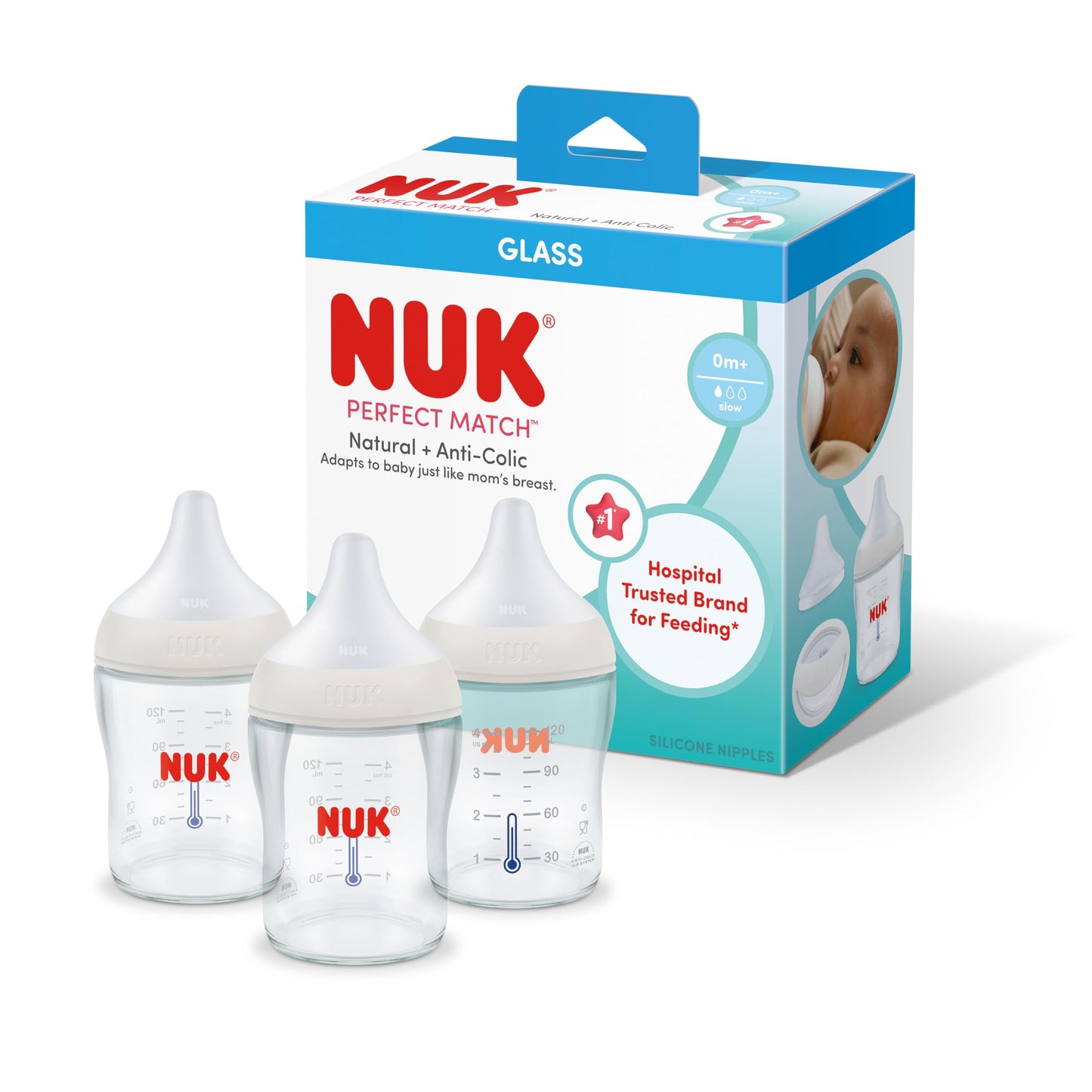 NUK Perfect Match Glass Natural + Anti-Colic Bottle, 4 oz. Glass Baby Bottles with SafeTemp Temperature Indicator, Newborn Essen