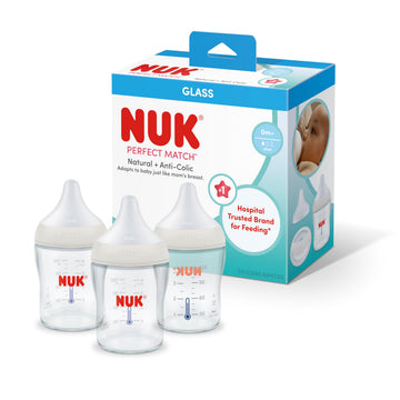 NUK Perfect Match Glass Natural + Anti-Colic Bottle, 4 oz. Glass Baby Bottles with SafeTemp Temperature Indicator, Newborn Essen