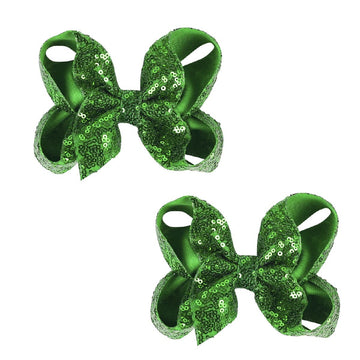 Amydecor 6 Inch Green Sparkly Glitter Sequin Hair Bows For Girls Toddlers Kids Children Teenage (2Pcs)