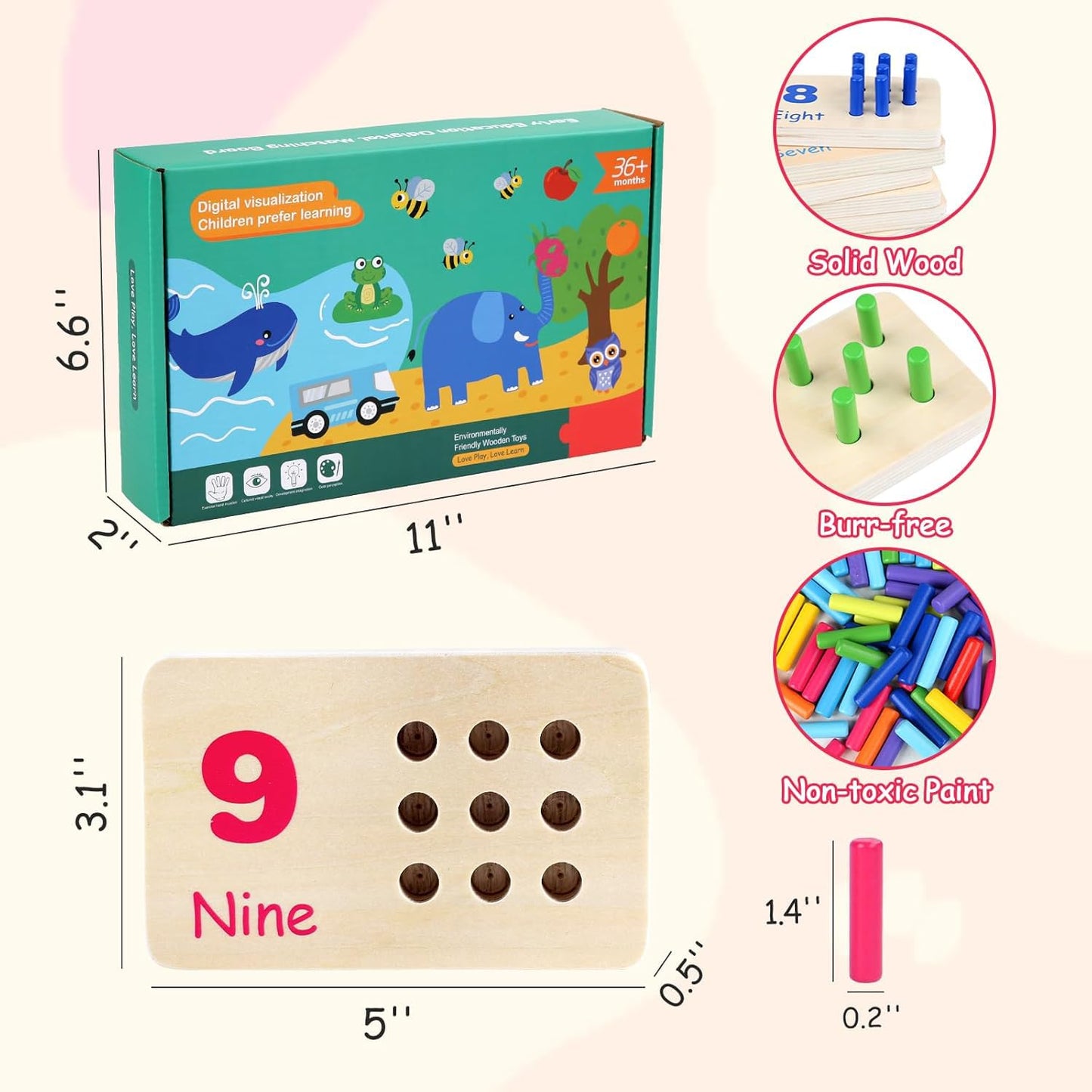 Gserin Wooden Counting Numbers Peg Board for Kids, Montessori Math Toy for Toddlers, Math Manipulatives Preschool Early Learning