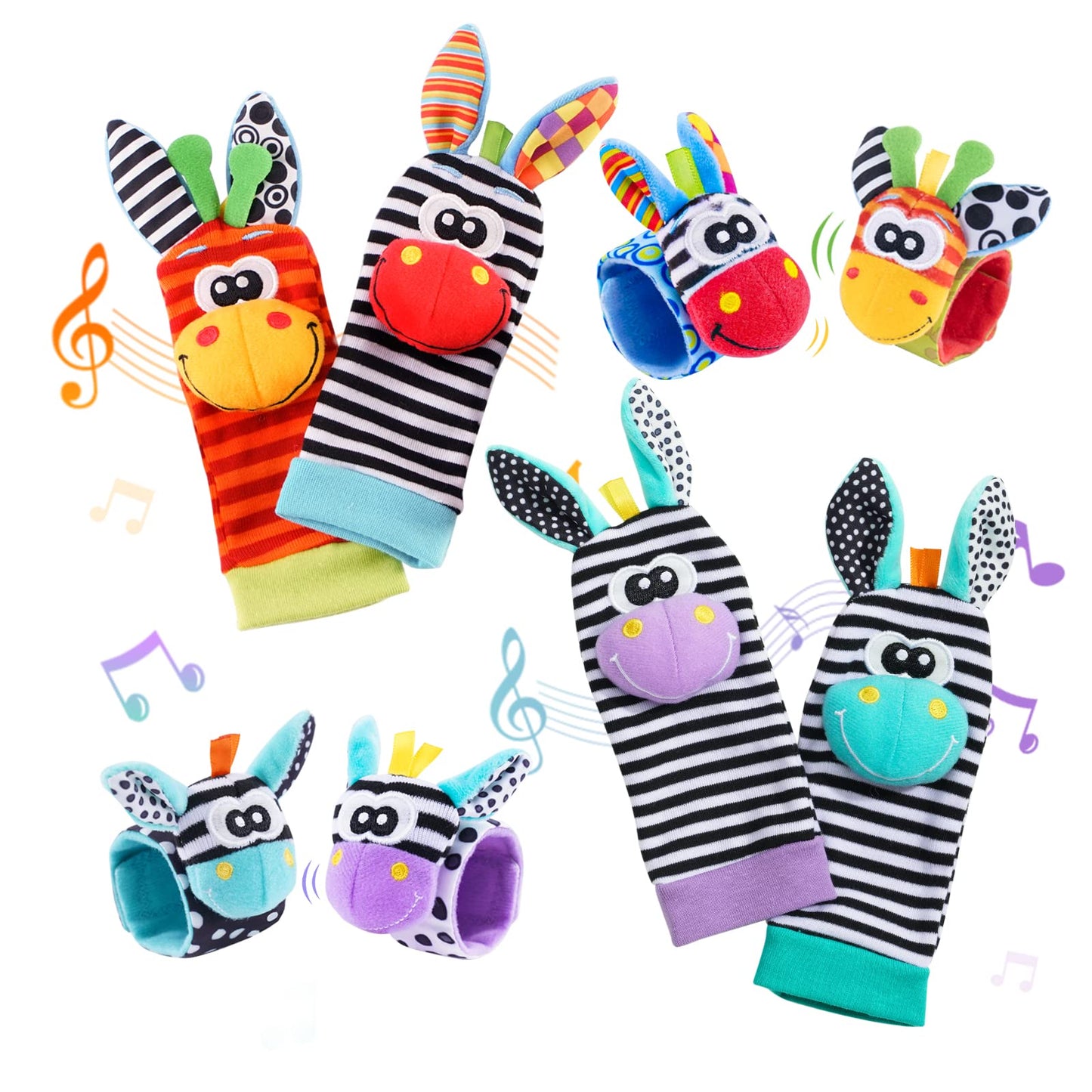 Baby Wrist Rattles Foot Finder Socks Set, Wrist Rattle Arm Hand and Rattle Leg Ankle Socks, Newborn Soft Sensory Toys, Baby Sock