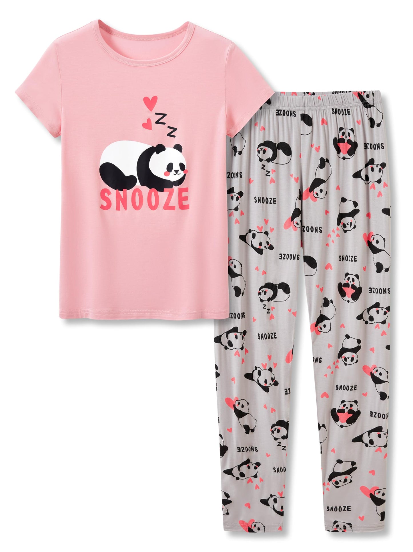 Tebbis Little & Big Girls Striped & Cat Pajama Set  Soft Modal Fiber 2Piece Summer PJs in Sizes 618, Pink & Gray Panda (Tee &