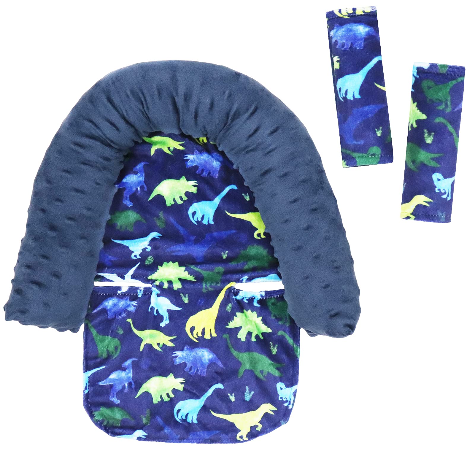 Baby Carseat Headrest And Strap Covers, Dinosaur Minky Infant Strollers Head Support & Seat Belt Cover, Toddler Strollers Headre
