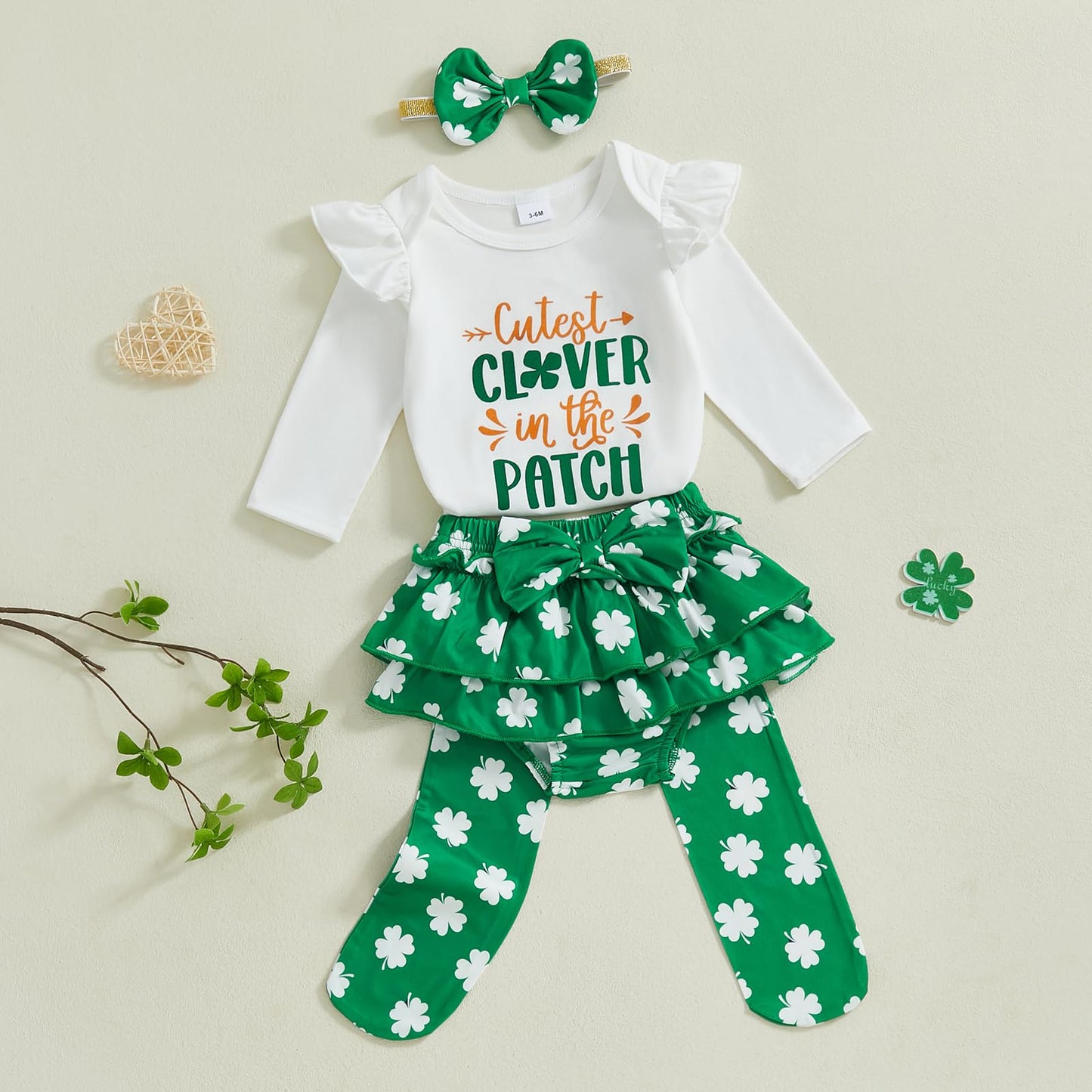 Beqeuewll Baby Girl St Patricks Outfit Letter Print Long Sleeve Romper Tutu Skirt Headband Set Newborn Baby Girls Clothe (Clover
