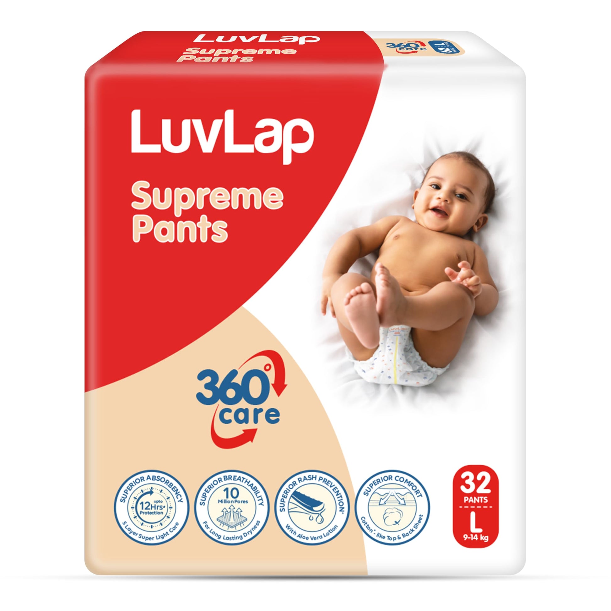 Luvlap Supreme Diaper Pants Large (Lg) 9 To 14Kg, 32Pcs, 360 Skin Care With 10 Million Breathable Pores, Aloe Vera For Superior 