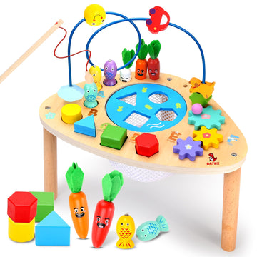 oathx Activity Table for 1+ Year Old, 6 in 1 Wooden Montessori Activity Center Play Table with Bead Maze Shape Sorter Fishing Ga