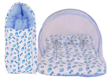 Kwitchy Baby Bedding Set New Born Bed with Mosquito Net & Carry Bag Combo (06 Months) Blue