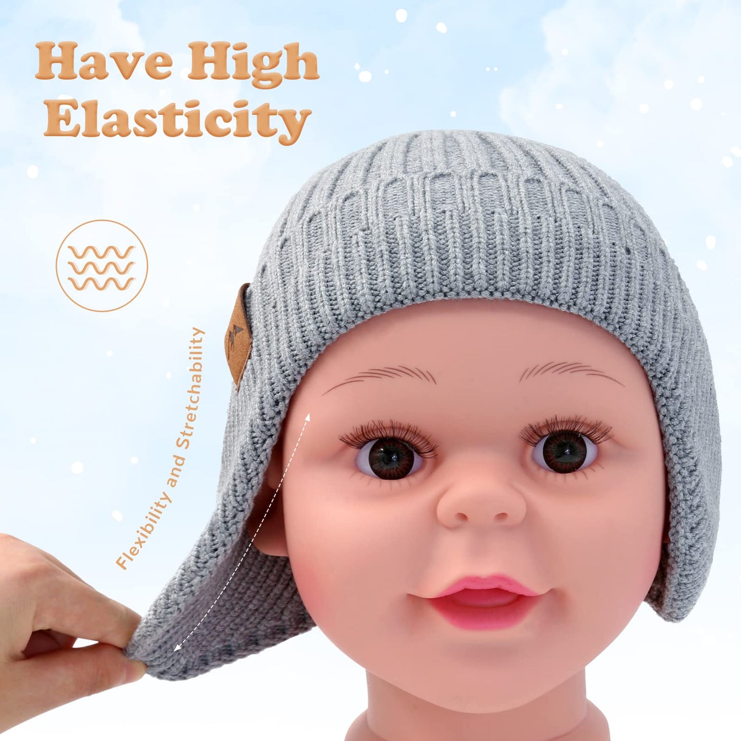 Poximi Baby Boy Winter Hat Toddler Warm Beanie Girl Knit Hats With Earflap Kid Cute Earmuffs (Grey, 3-8Years)
