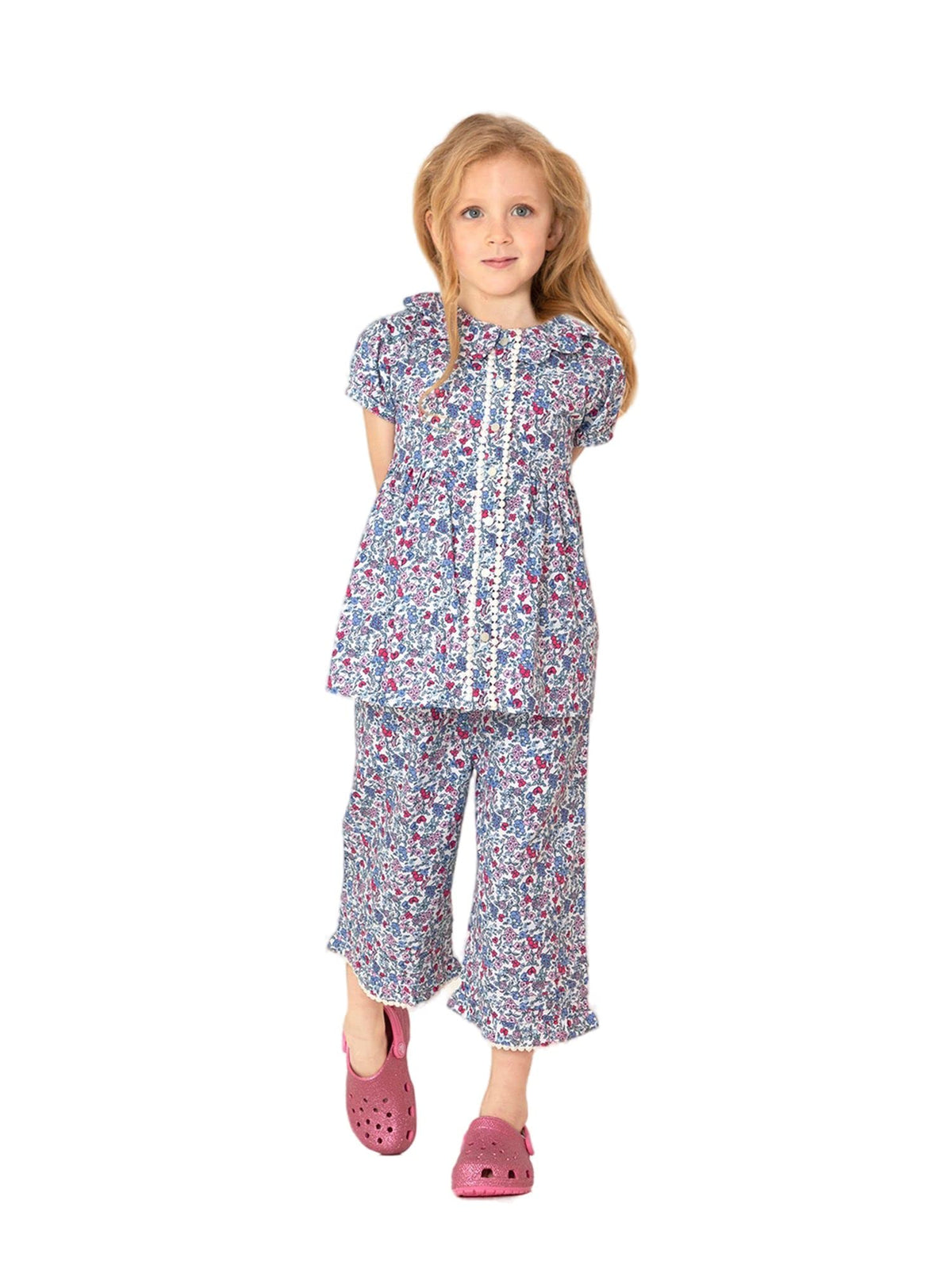 Cherry Crumble Multicolor Floral Printed 100% Cotton Half Sleeves Scalped Collar Night Wear Regular Fit Lace Summer Nightsuit fo