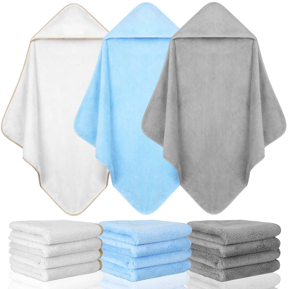 15 Pcs Baby Bath Towel and Washcloths Set Includes 3 Pcs Baby Bath Towel and 12 Pcs Baby Washcloths Fleece Soft Hooded Towels Ab