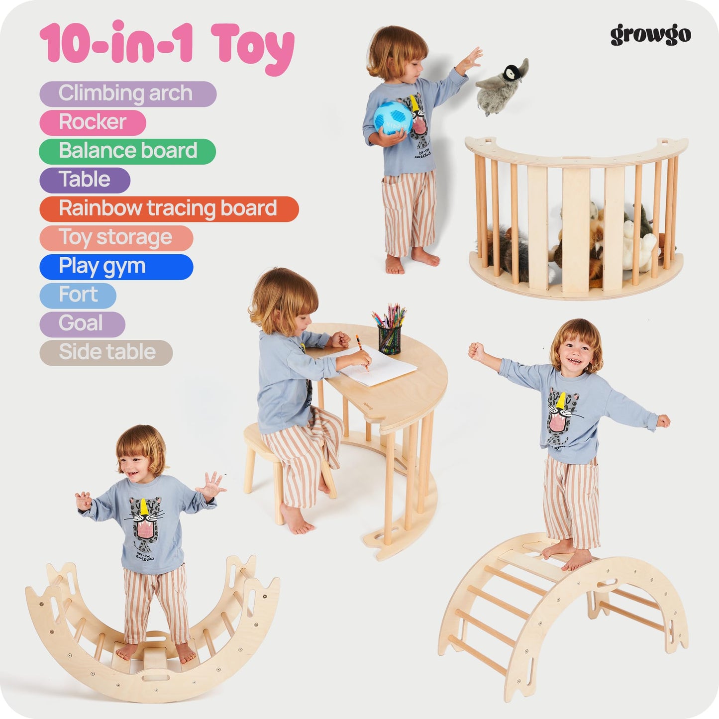Growgo Climbing Arch For Toddlers, Multiuse Montessori Climber, Toddler Rocker, Wooden Balance Board, Toy Storage, Easy To Assem