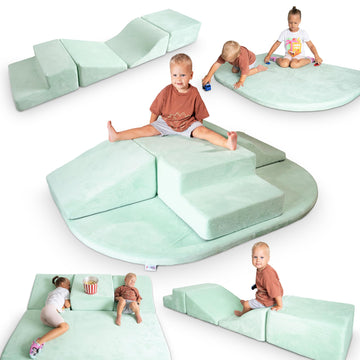 Foam Climbing Blocks for Toddlers - 5 Piece Climb and Crawl Foam Playset with Calming Green Color and Washable Cover - Nonslip S