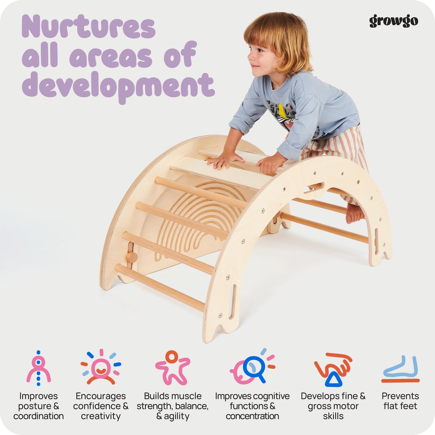 Growgo Climbing Arch For Toddlers, Multiuse Montessori Climber, Toddler Rocker, Wooden Balance Board, Toy Storage, Easy To Assem