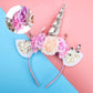 Ahier Unicorn Headband, Silver Glitter Horn Headband Cat Ear Head Bands Flowers Headwear Accessory For Unicorn Party Supplies