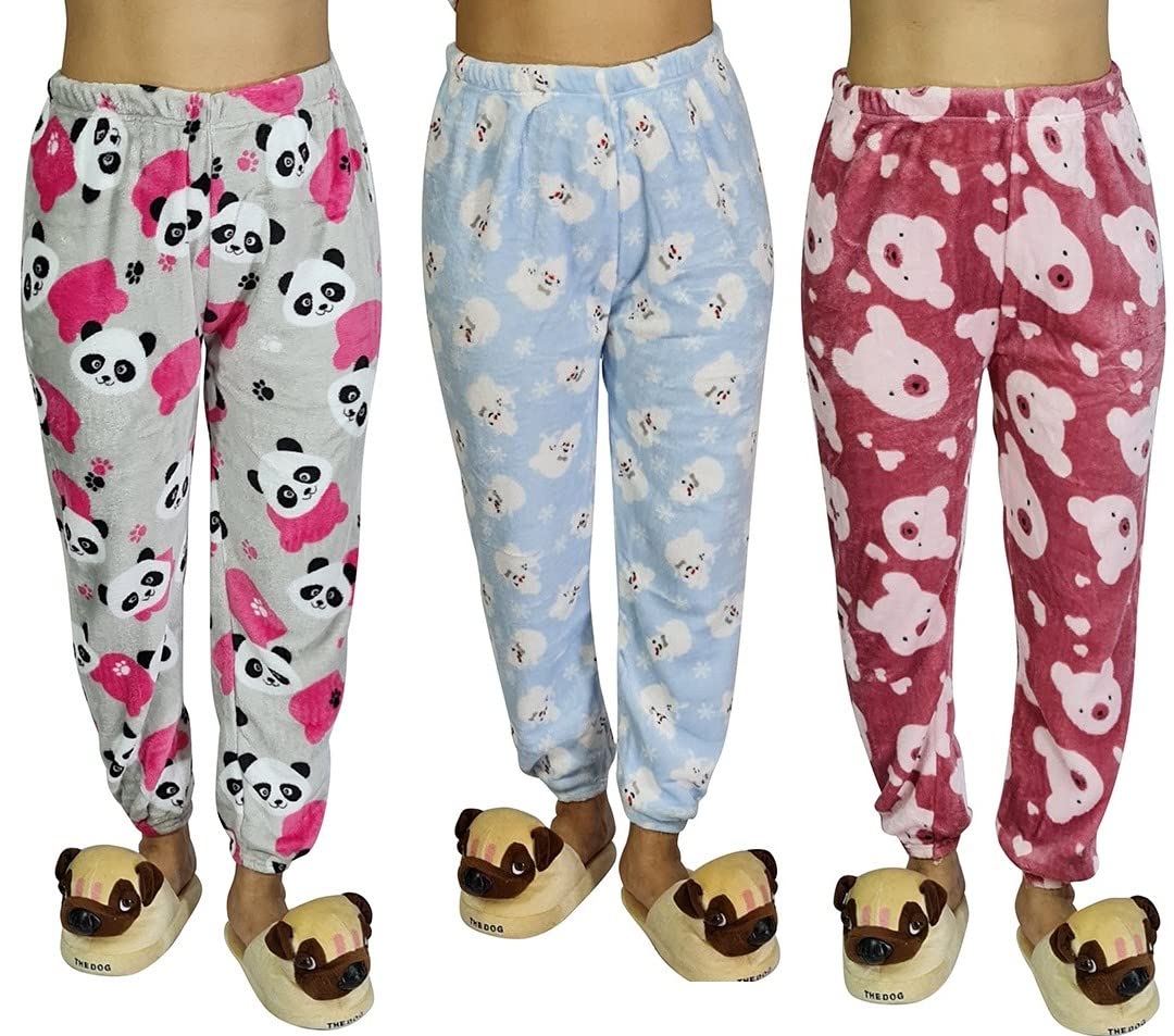 MUKHAKSH (Pack of 3 Girls Winter Woolen soft & Warm Printed Pyjamas Pant Bottom Wear Lower Lounge Pant for Night Wear, Print & c