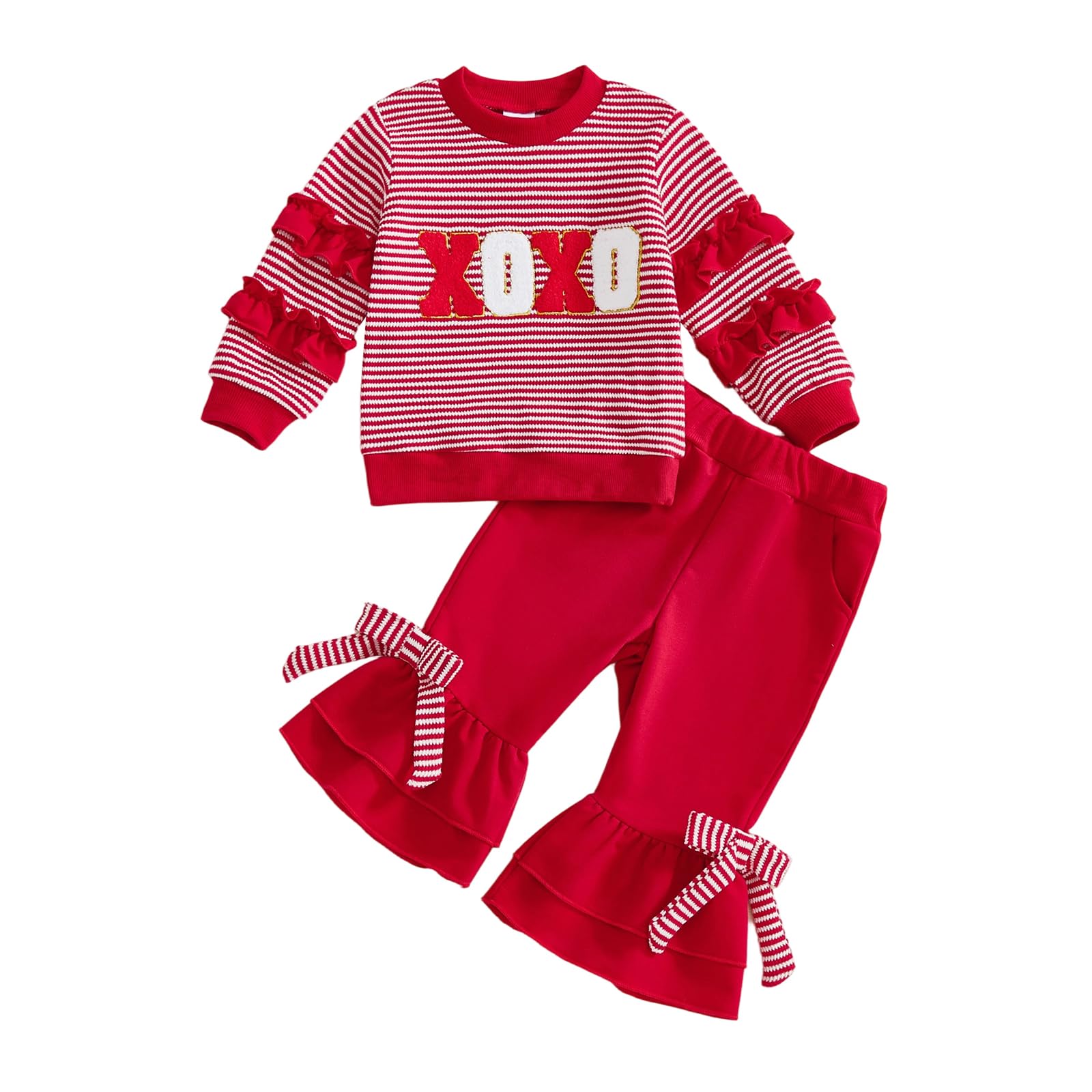 Toddler Girls Valentines Day Outfit Shirt Be Mine Heart Sweatshirt Gingham Bell Bottoms Top Flared Pants Set (Red Xoxo, 2-3T)