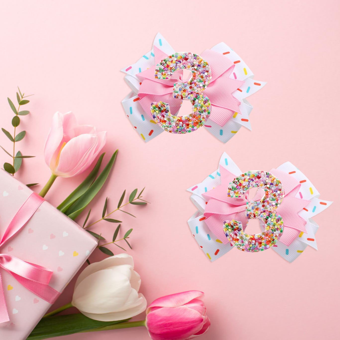 Birthday Hair Clips For Baby Girls - 2Pc Pink Sprinkle Bow Hair Clips For 3Rd Birthday Glitter Ice Cream Baby Bow Party Decorati