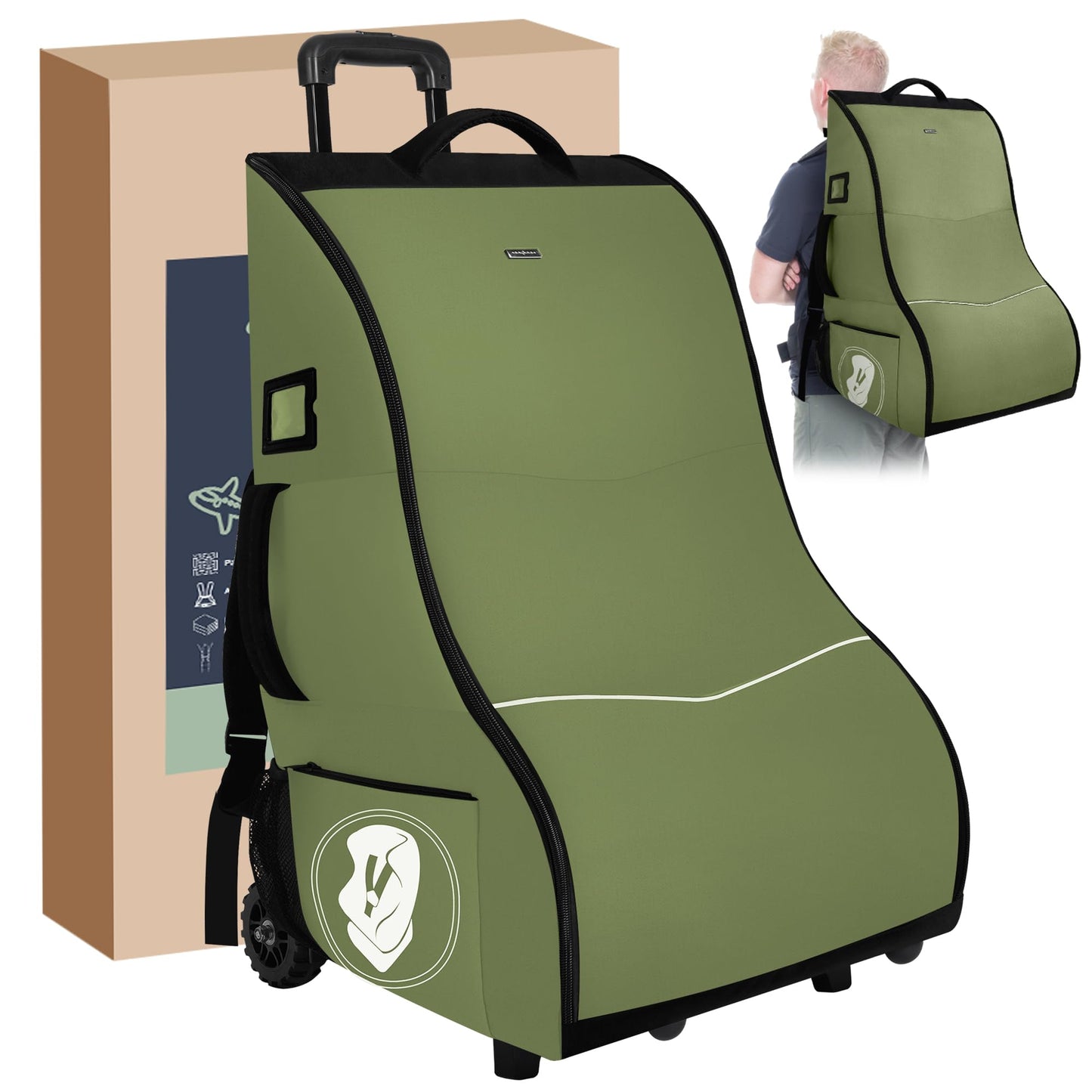 Wurzfolk Car Seat Travel Bag with Wheels, Rolling Backpack Style Transport Case (Green)