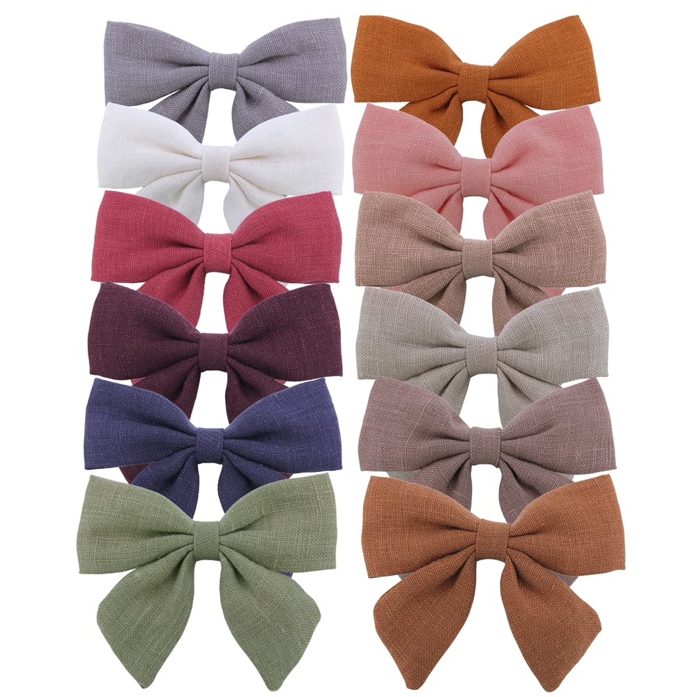 12 PCS Linen Bow Hair Clips for Baby Girls Hair Bows Alligator Clips Accessories Infants Toddler Kids Hairgrips (Linen 3.2'' Sai