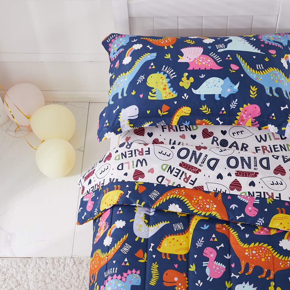 Joyreap 4 Piece Toddler Bedding Set, Standard Size Colorful Dinosaur Printed On Navy, Includes Quilted Comforter, Fitted Sheet,