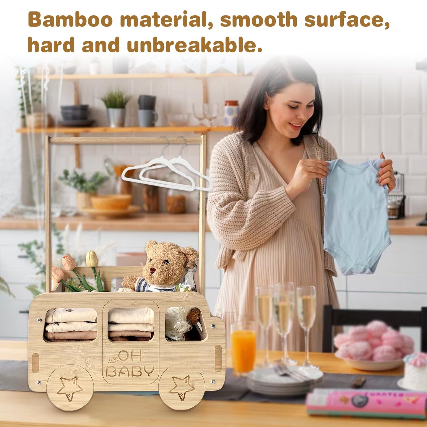 Fun-Plus Baby Shower Crate, Bus Shape Basket With Handle, Wooden Storage Crate For Pregnancy, New Parent (Bamboo Made)