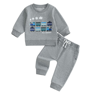 Fernvia Baby Boy Fall Winter Clothes Toddler Kids Solid Outfits Vehicle Long Sleeve Sweatshirt Tops + Joggers Pants Set (Train G