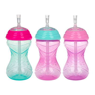Nuby 3 Piece No-Spill Easy Grip Cup With Flex Straw, Clik It Lock Feature, Girl, 10 Ounce