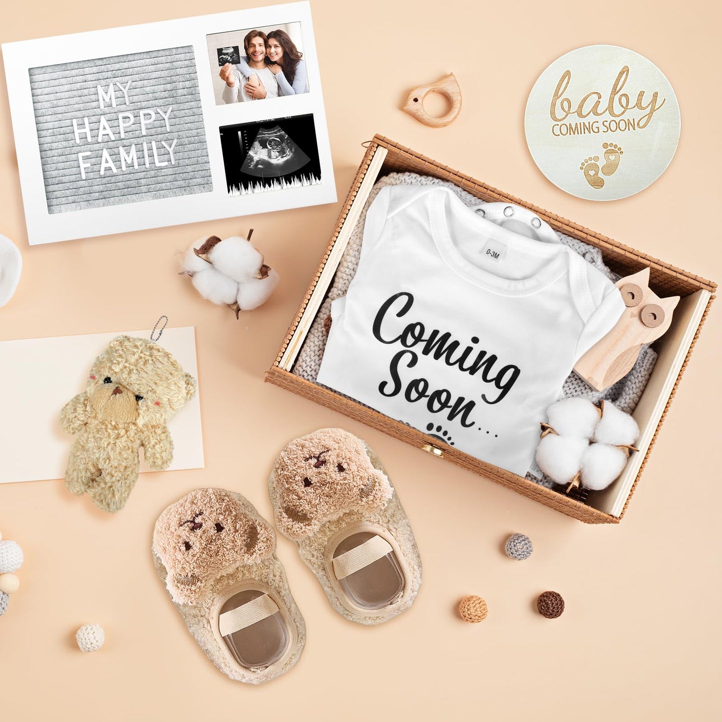 Pregnancy Reveal Kit - Felt Letter Board, Baby Bodysuit, Booties, Photo Frame, Bear Plush, Wood Blocks For Baby Announcement