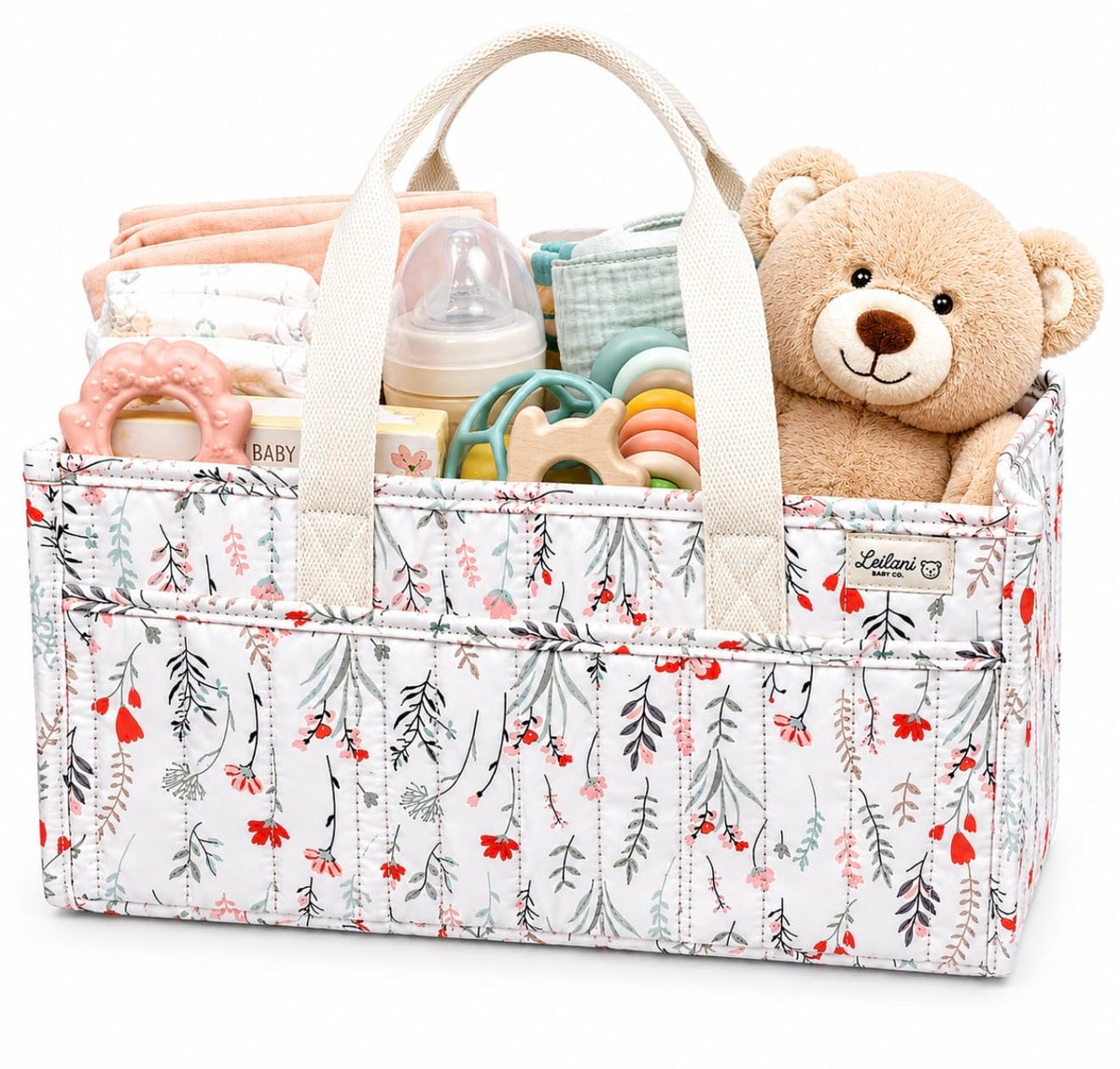 Leilani Baby Co. Diaper Caddy Organizer, Floral Design, Portable Nursery Basket with 3 Front Pockets and Zipper Pockets for Baby