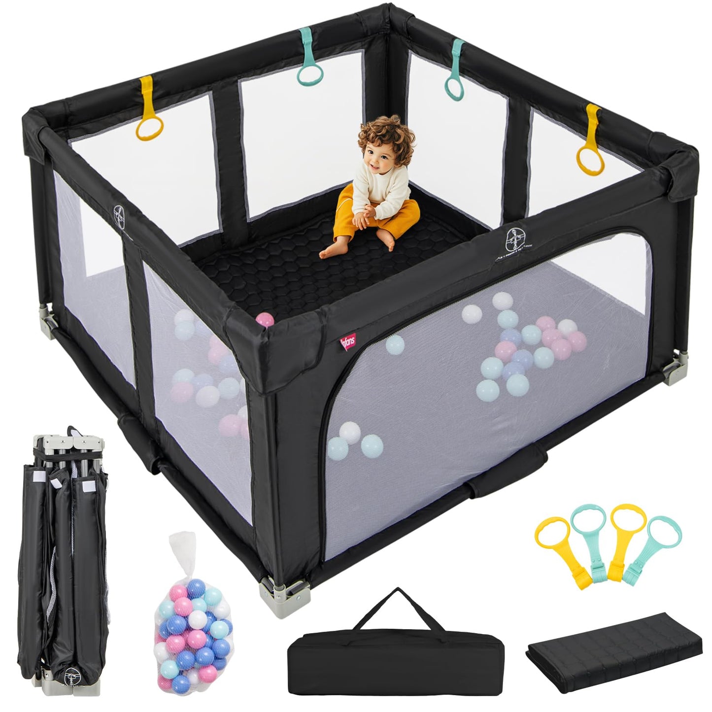 Infans Foldable Baby Playpen With Mat, 50    X 50    Large Baby Play Yard For Infant With 50 Ocean Balls, 4 Handlers, Carry Bag,