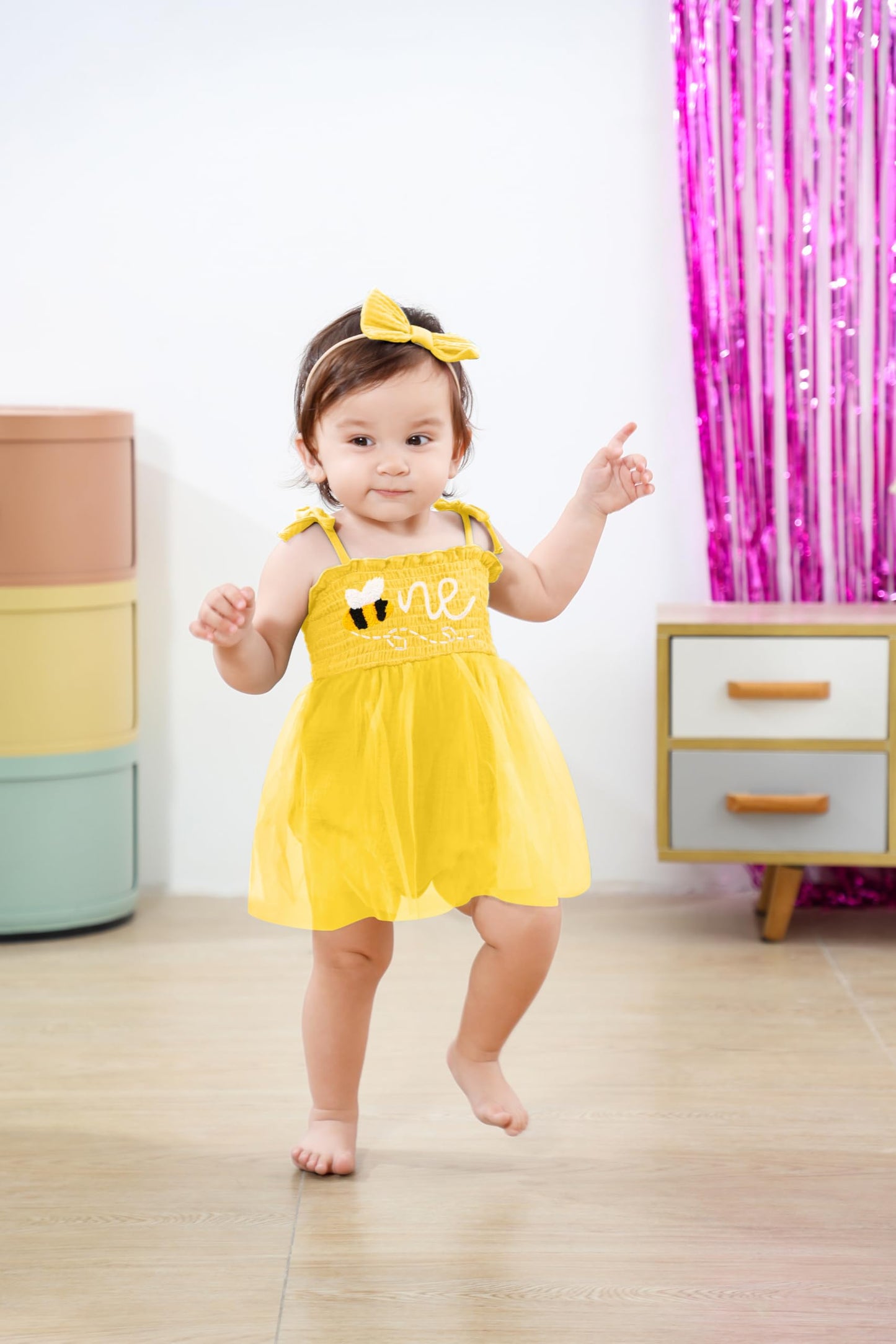 Titkkop Baby Girl 1St Birthday Clothes One Year Old Tulle Romper Sleeveless Bodysuit Cake Smash Outfits(Yellow,9-12M)